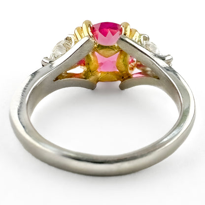 Vintage Pink Sapphire &amp; Diamond 3 Stone Ring