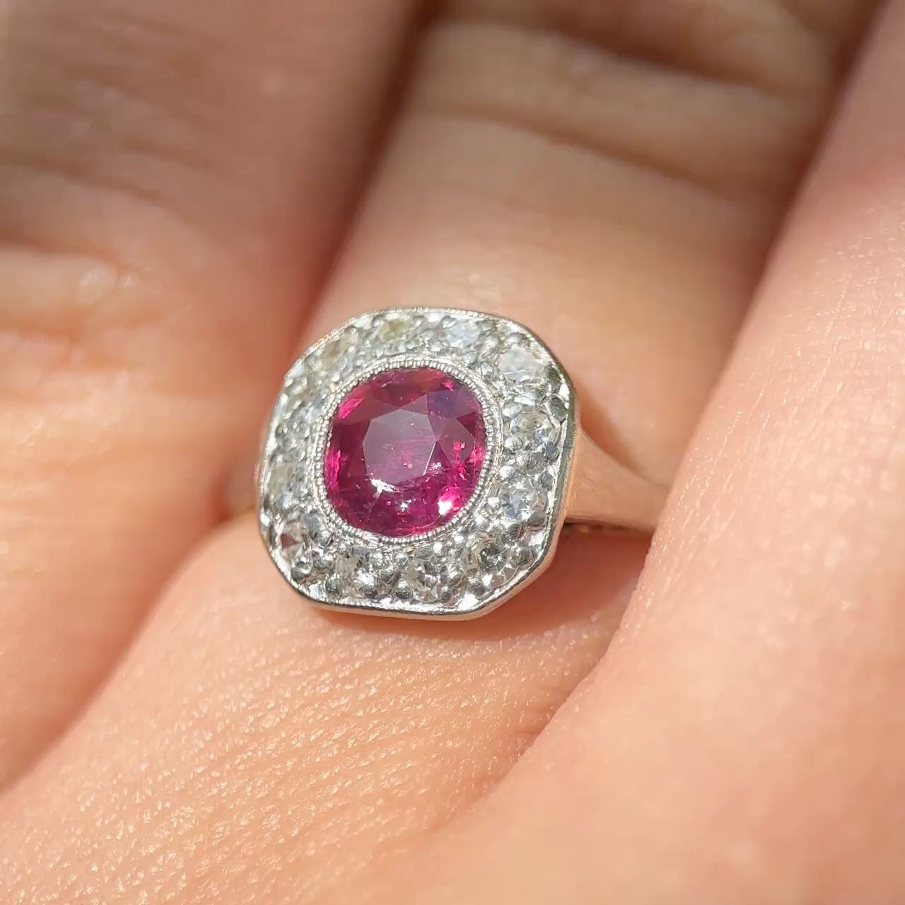Edwardian 18 Carat Gold, Platinum, Burma Ruby and Diamond Cluster Ring, 0.80 Carat