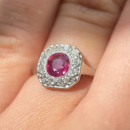 Edwardian 18 Carat Gold, Platinum, Burma Ruby and Diamond Cluster Ring, 0.80 Carat