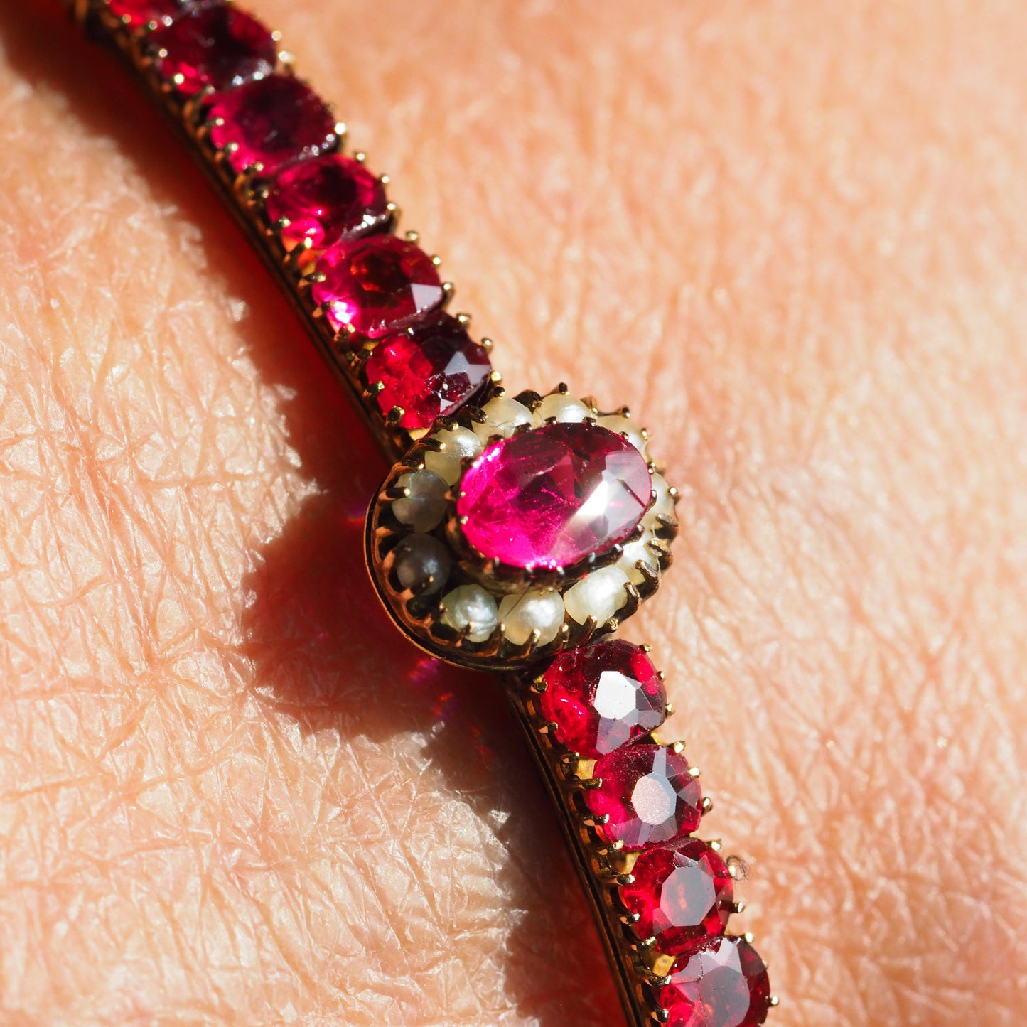 Antique Pink Garnet and Seed Pearl Bangle Bracelet