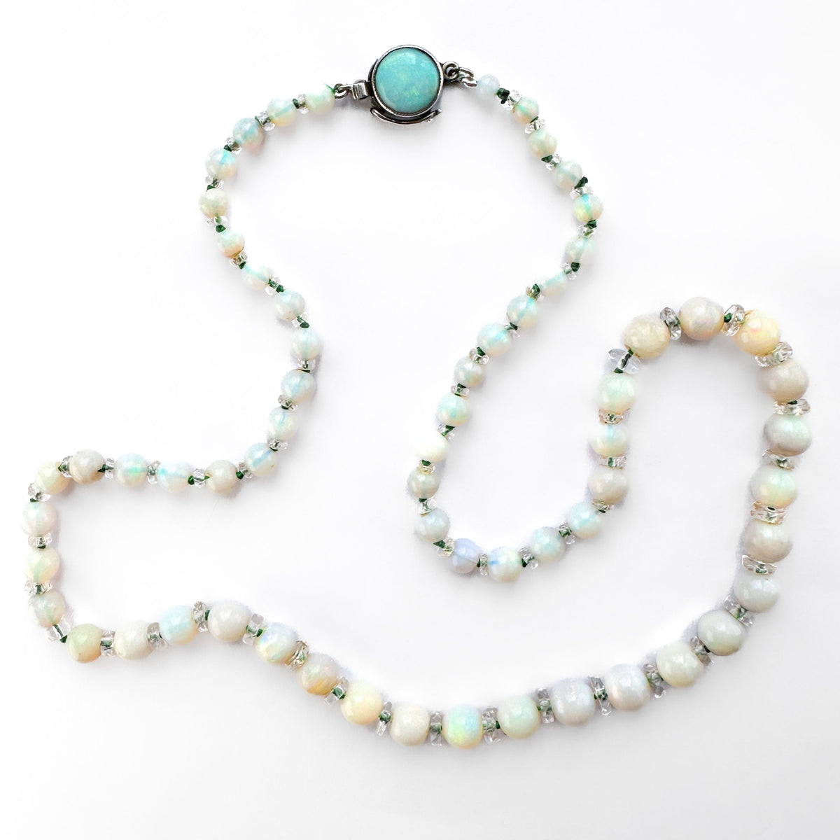 Edwardian Antique Opal Beaded Necklace with Rock Crystal and Opal Clasp