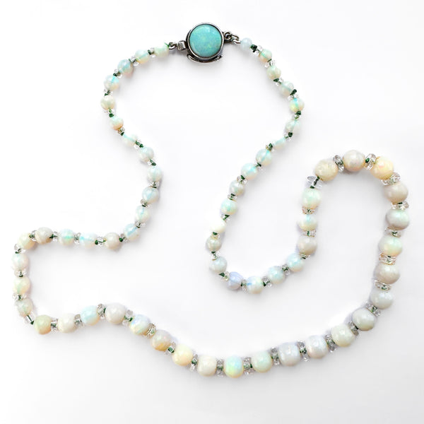 Edwardian Antique Opal Beaded Necklace with Rock Crystal and Opal Clasp