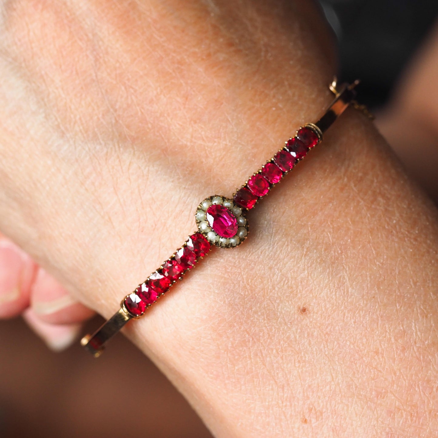 Antique Pink Garnet and Seed Pearl Bangle Bracelet