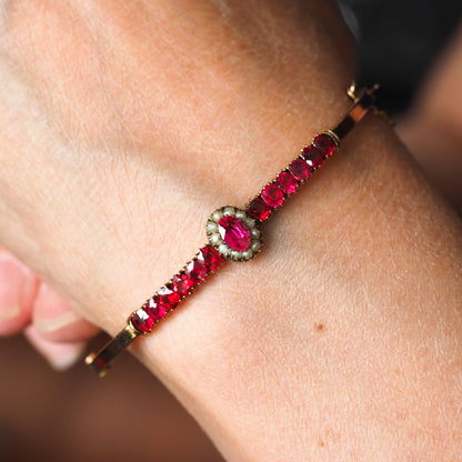 Antique Pink Garnet and Seed Pearl Bangle Bracelet