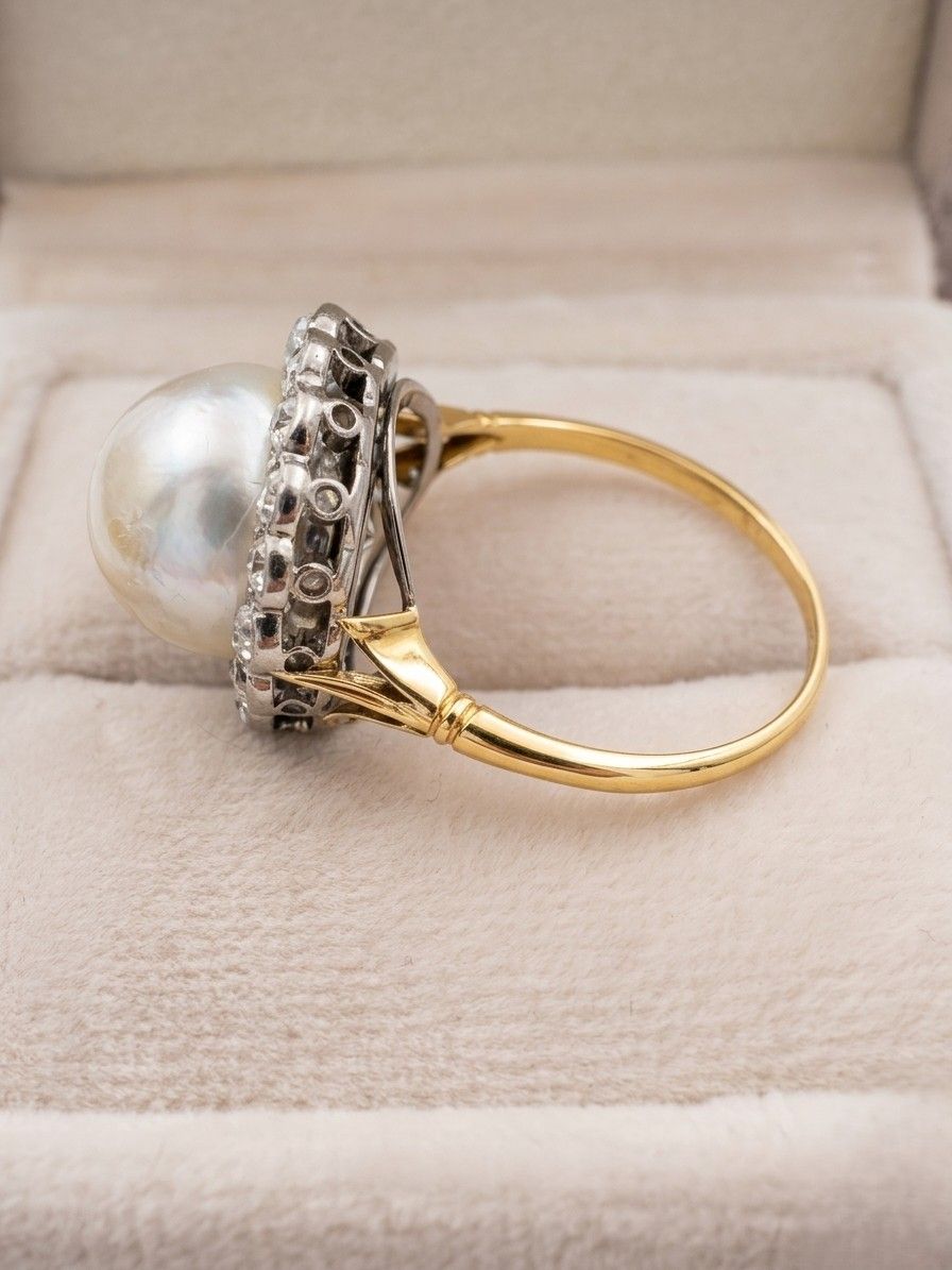 Edwardian 12 MM. Mabe Split Pearl 1.60 Ct Diamond Engagement Ring