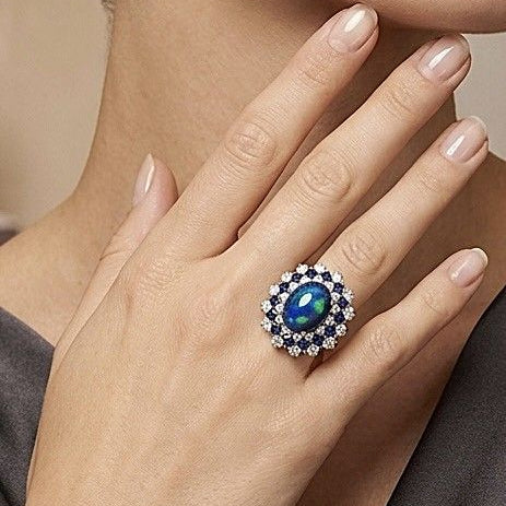 9.0 Ct. Australian Black Opal Diamond Sapphire Platinum Ring