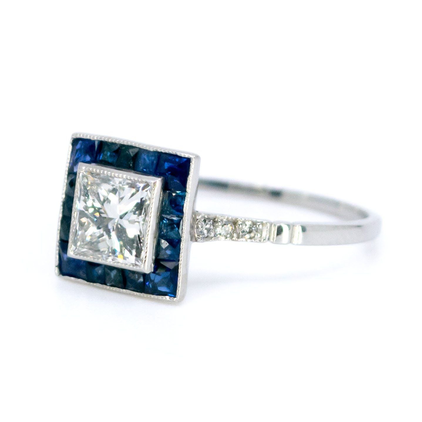 Platinum, Sapphire and Diamond Square Shaped Cluster Ring, 0.78 Carat Centre