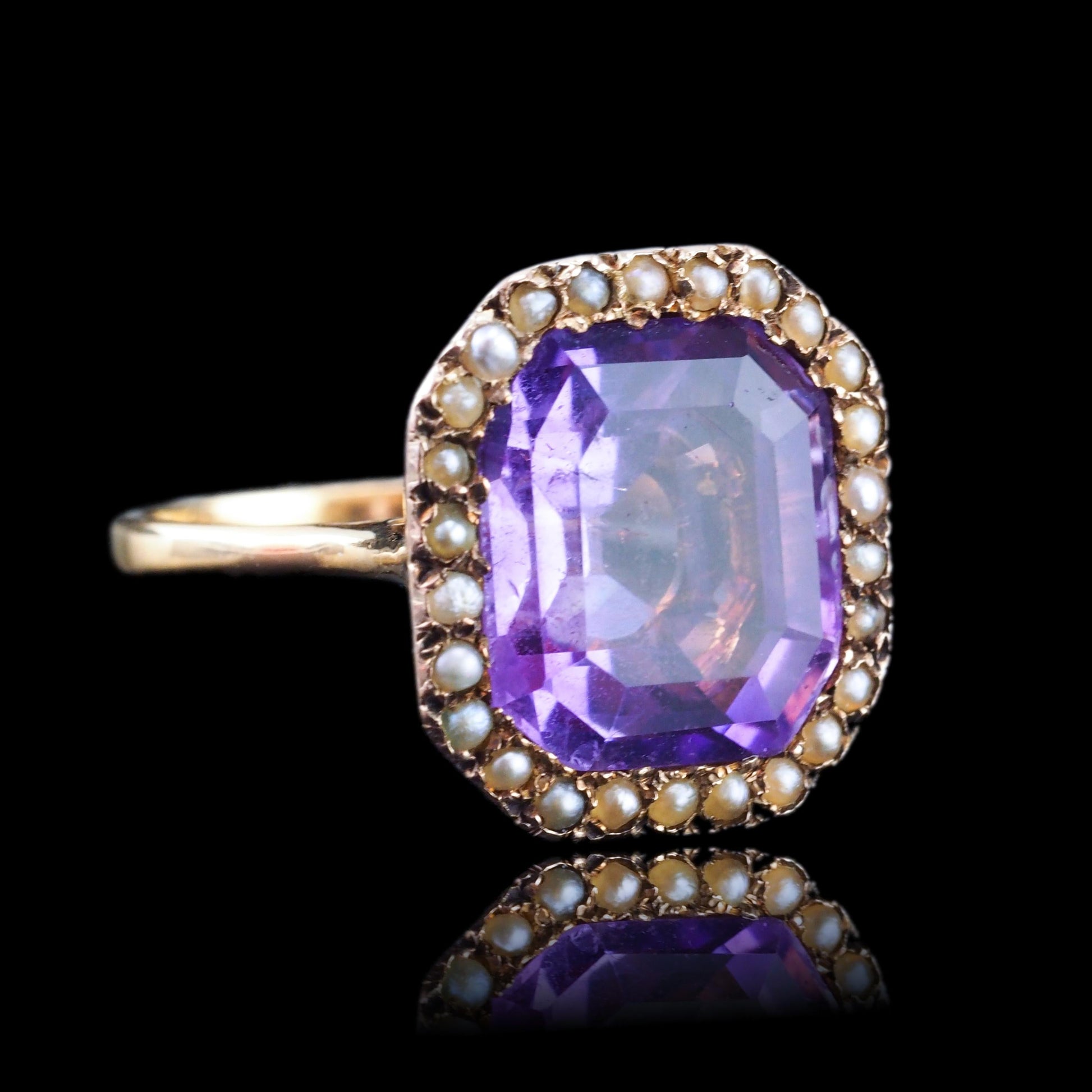 Antique Edwardian 18K Gold Amethyst & Pearl Ring Emerald Cut - c.1900