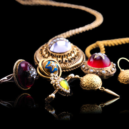 Antique Victorian Diamond & Pearl Star Necklace with Red Rock Crystal Cabochon 15ct Gold - c.1880