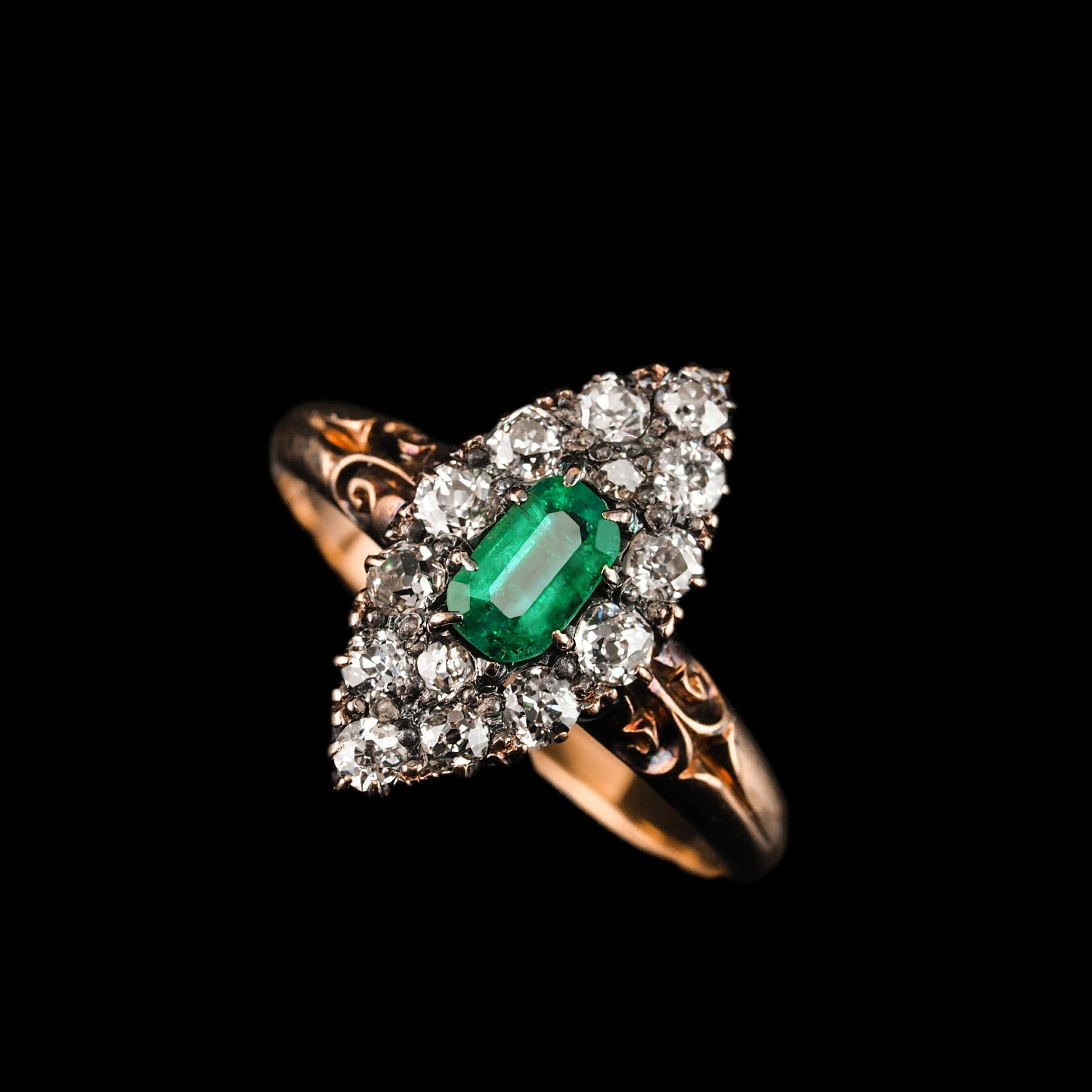 Antique Victorian 18 Carat Gold Emerald Amd Diamond Navette Cluster Ring - circa 1880