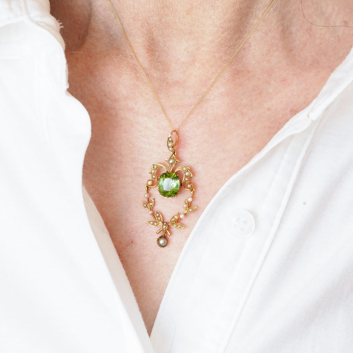 Antique Victorian Peridot Pendant Necklace, Pearls 14K Gold Original Box c.1890