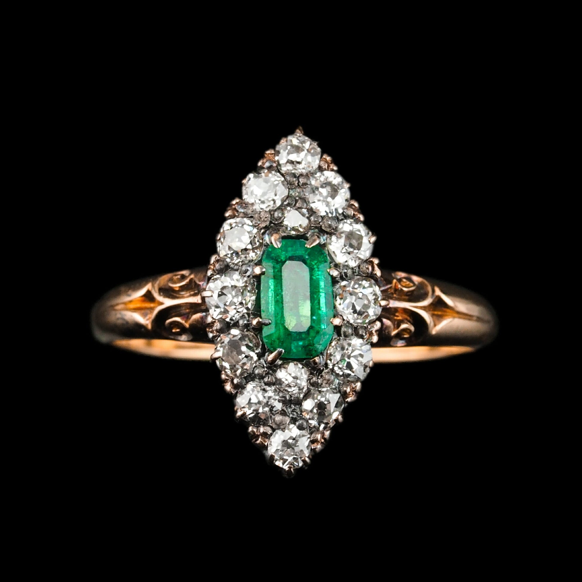 Antique Victorian 18 Carat Gold Emerald Amd Diamond Navette Cluster Ring - circa 1880