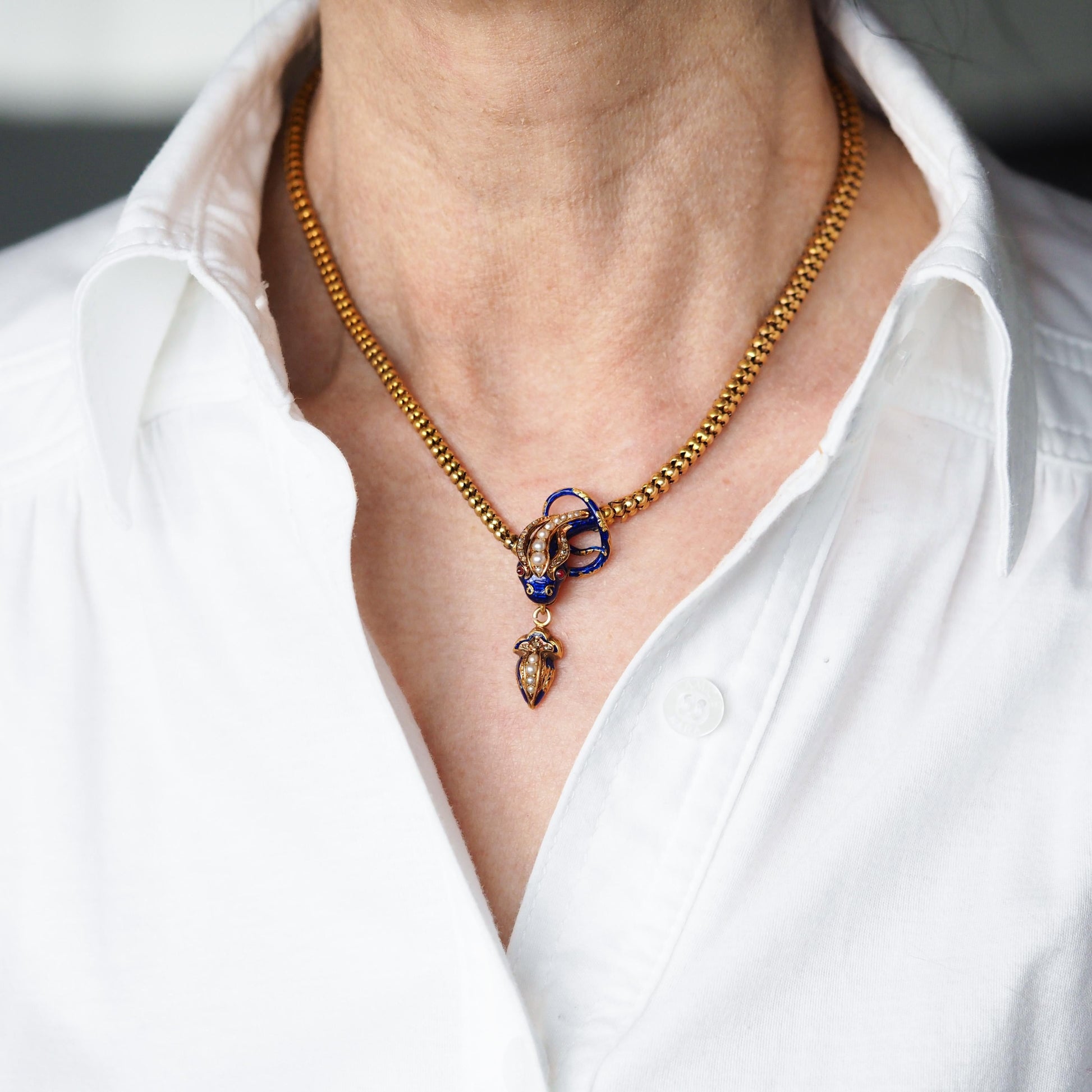 Victorian Antique Gold Snake Serpent Necklace with Diamond Pearl and Blue Enamel, Circa 1860