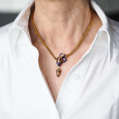 Victorian Antique Gold Snake Serpent Necklace with Diamond Pearl and Blue Enamel, Circa 1860