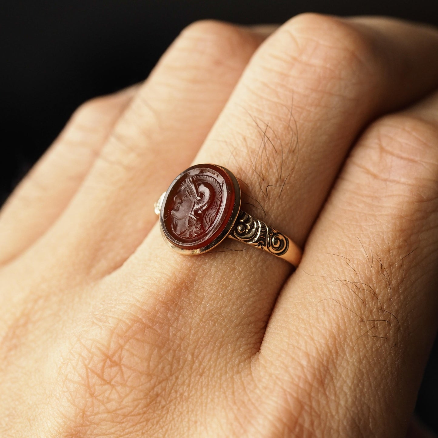 Antique Georgian Cameo Ring 10K Gold with Roman Soldier Engraving - c.1820