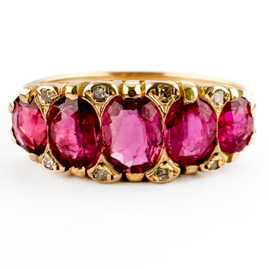 Edwardian Antique Burma Ruby Five Stone Ring in 18ct Gold