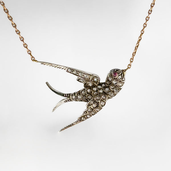 Victorian Antique Diamond Set Swallow Pendant Necklace