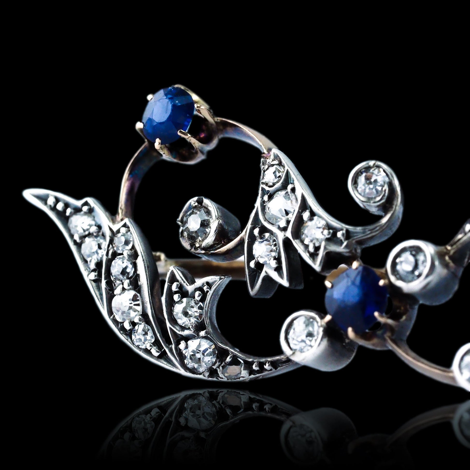Antique Victorian Sapphire and Old Cut Diamond Brooch with Foliate Motif, Circa 1880