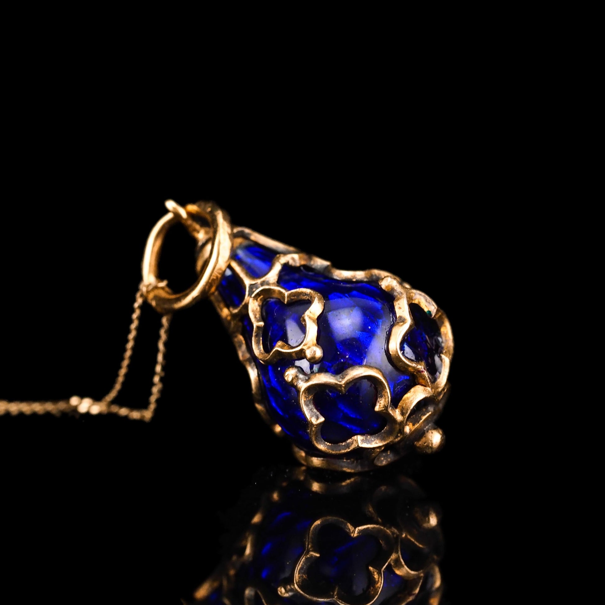 Antique Blue Enamel Guilloche Drop Pendant in 15ct Gold