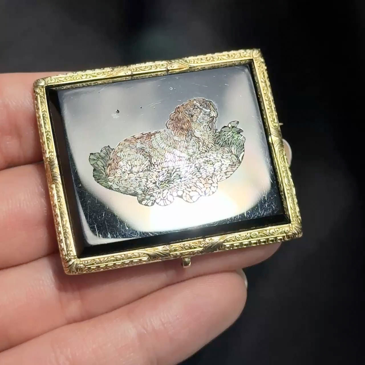 Victorian Antique King Charles Spaniel Dog Mosaic Brooch