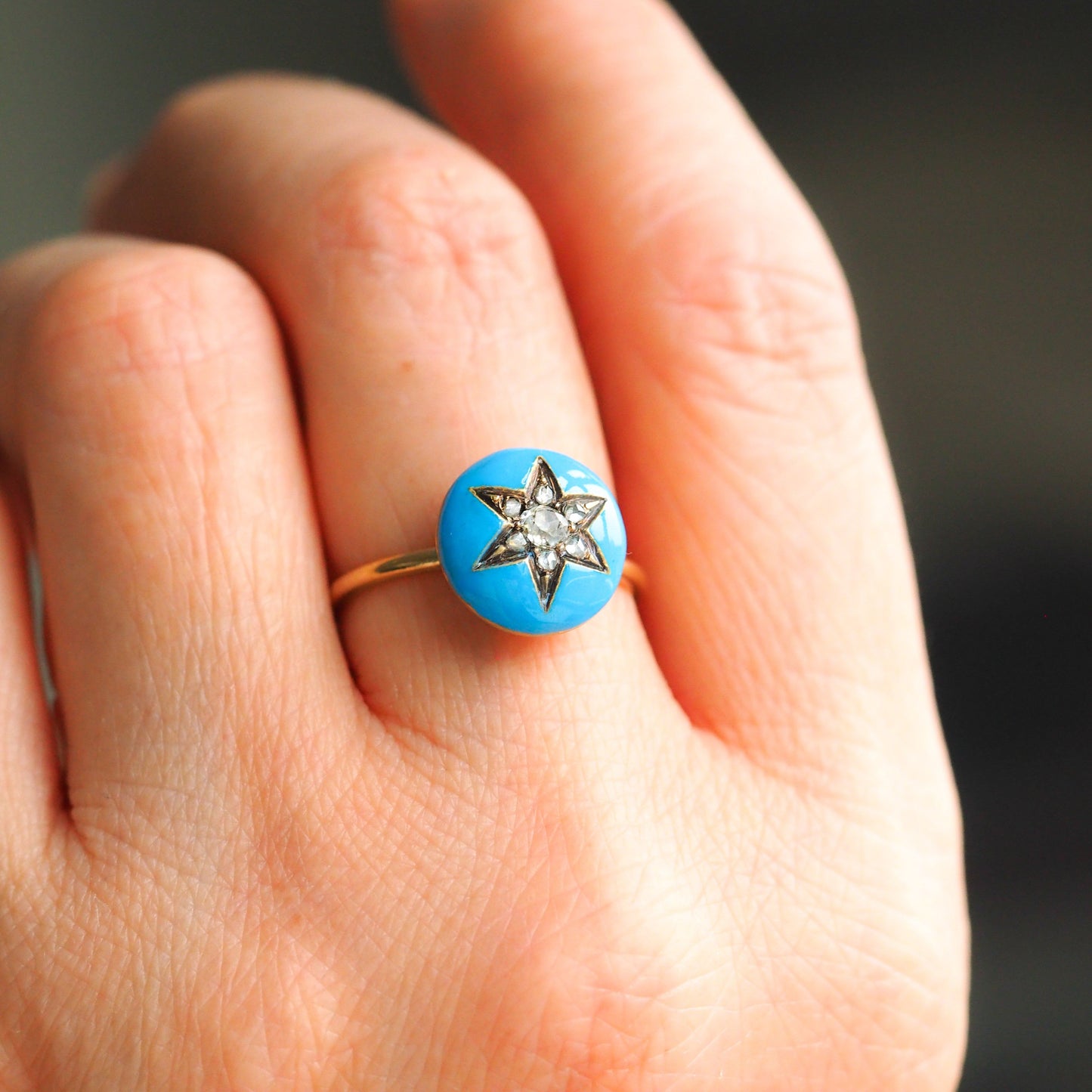 Antique Victorian Diamond Star Ring 9ct Gold Blue Enamel Cabochon - c.1890