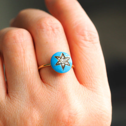 Antique Victorian Diamond Star Ring 9ct Gold Blue Enamel Cabochon - c.1890