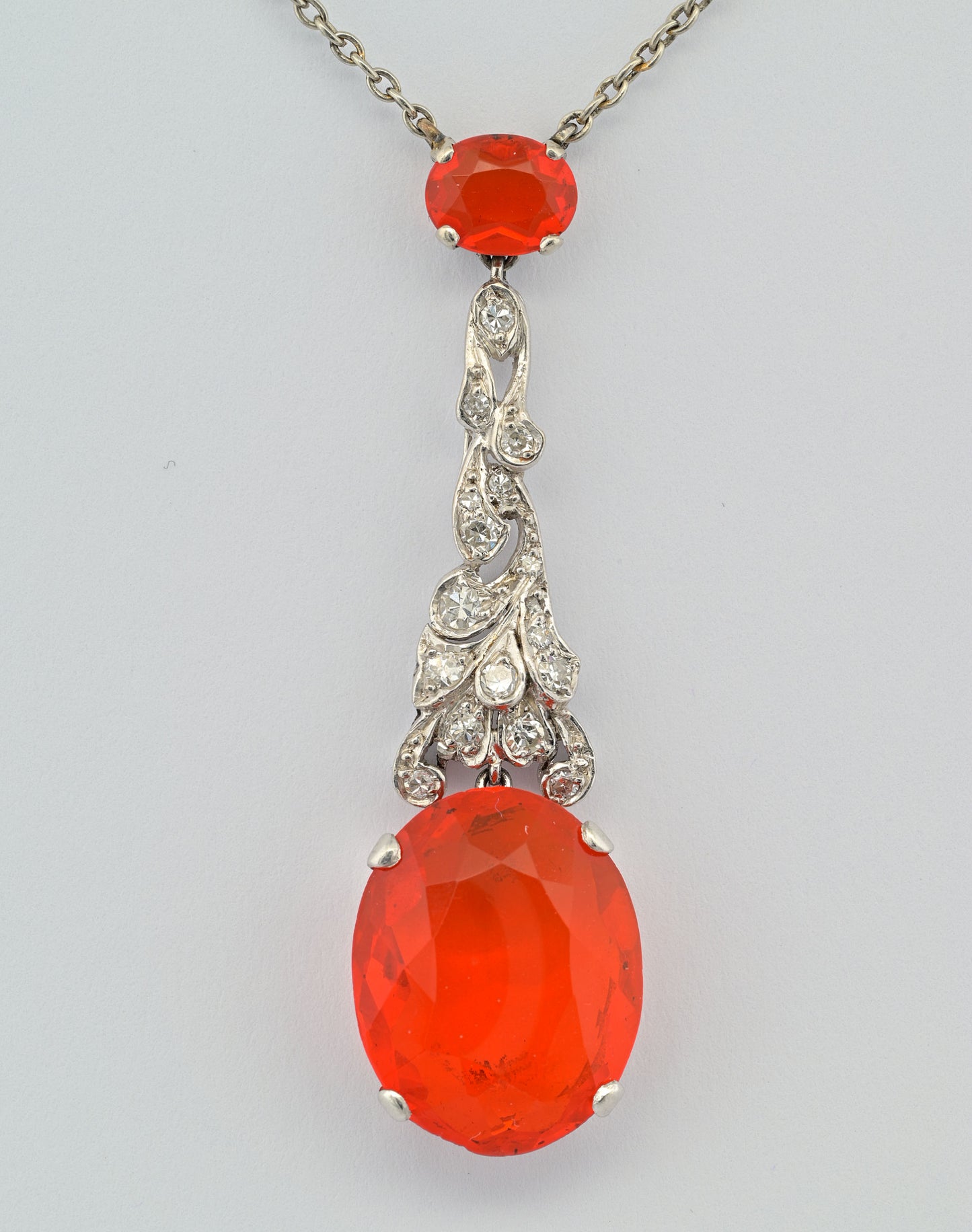 Art Deco 7.70ct Fire Opal and Diamond Pendant Necklace