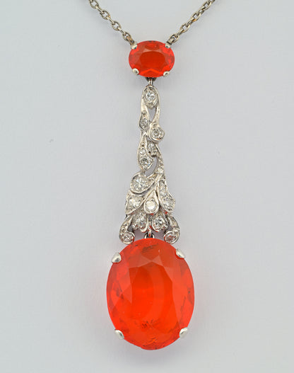 Art Deco 7.70ct Fire Opal and Diamond Pendant Necklace