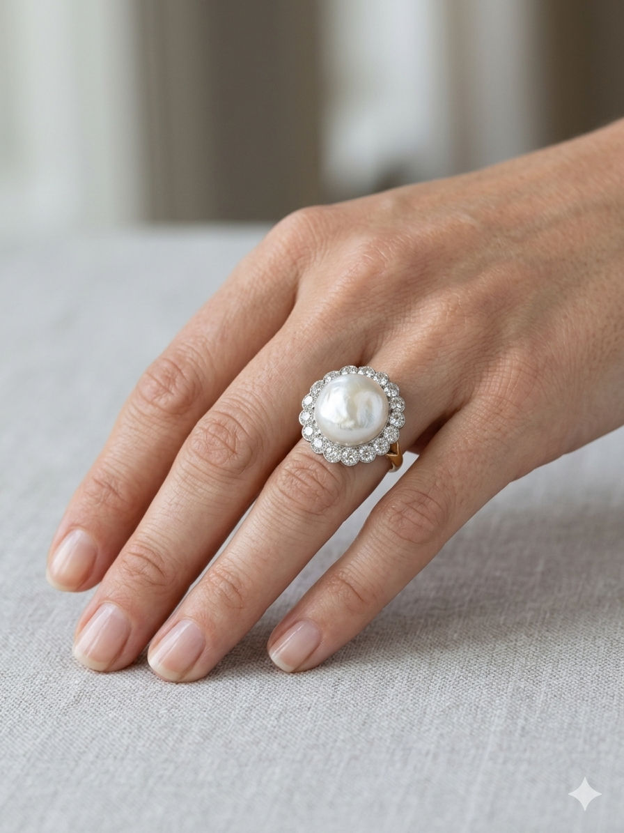 Edwardian 12 MM. Mabe Split Pearl 1.60 Ct Diamond Engagement Ring