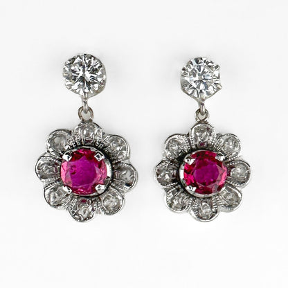 Vintage Ruby and Diamond Flower Cluster Drop Earrings
