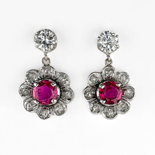 Vintage Ruby and Diamond Flower Cluster Drop Earrings