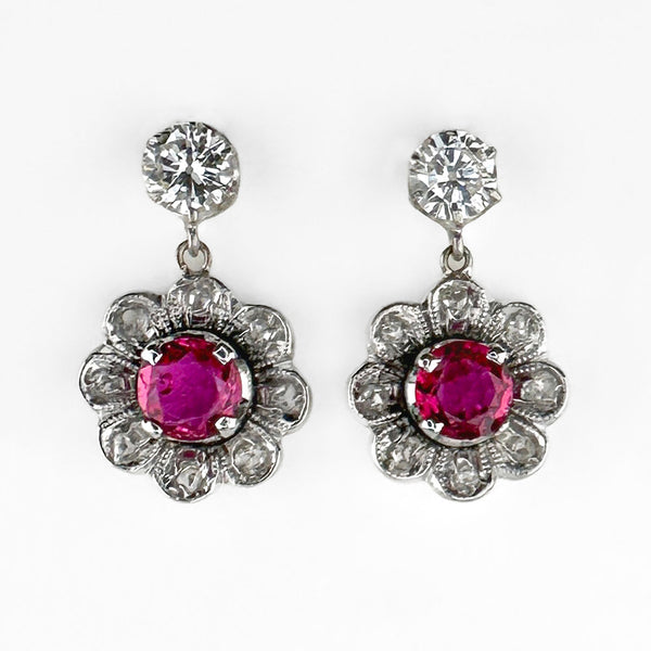 Vintage Ruby and Diamond Flower Cluster Drop Earrings