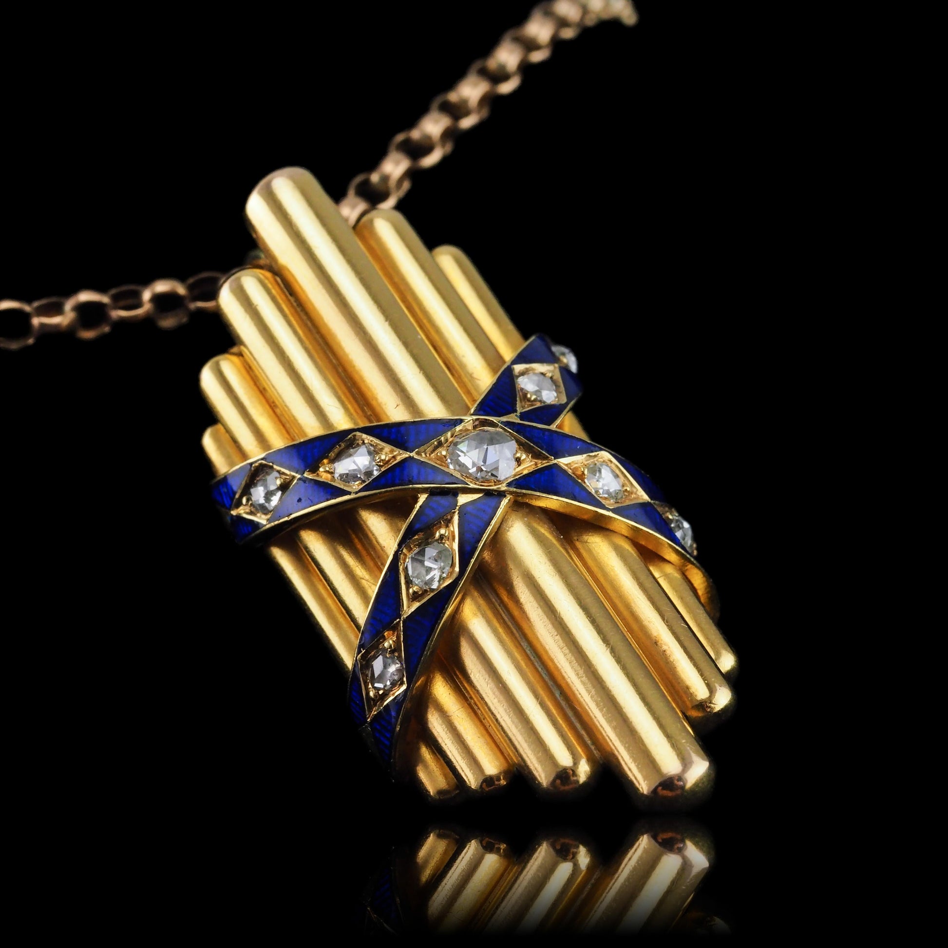 Antique Victorian 18 Carat Gold Rose Cut Diamond And Blue Enamel Pendant - circa 1880