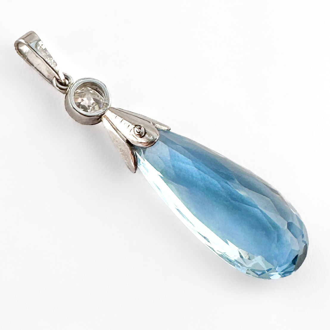 Edwardian Antique Pear Shape Briolette Cut Aquamarine and Diamond Drop Pendant in Platinum With 18ct White Gold Chain
