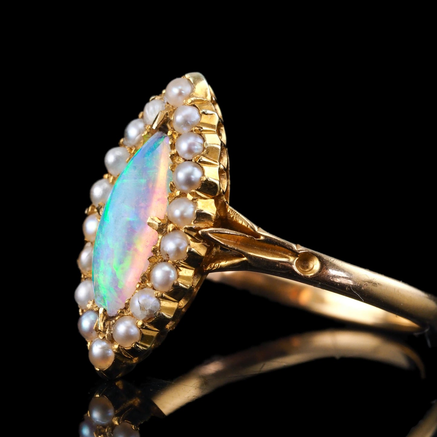 Antique Victorian Opal and Pearl Marquise Cluster Ring