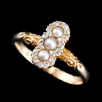 Antique Victorian Diamond and Pearl Triple Cluster Ring 18ct Gold - c.1900