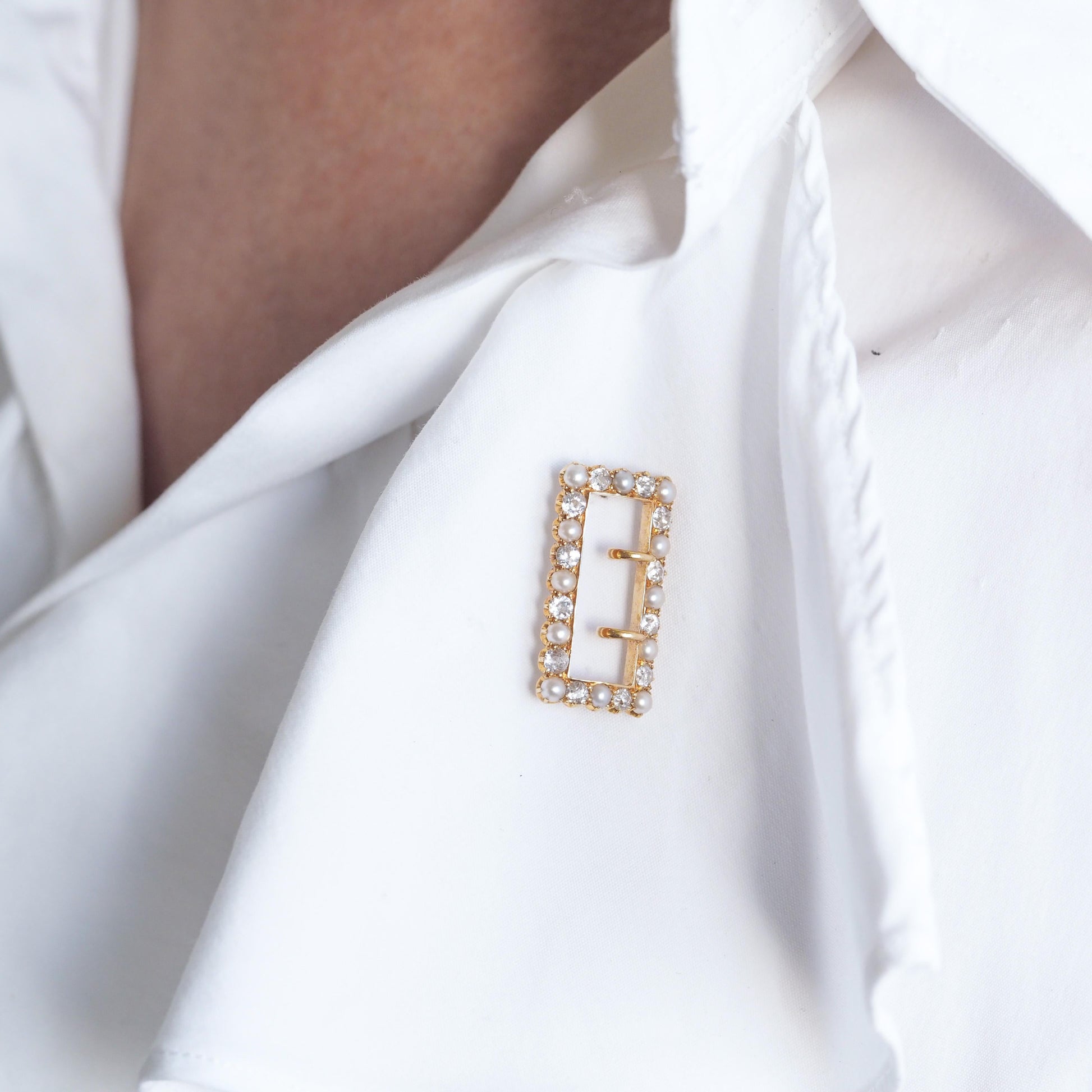 Antique Victorian Diamond Pearl Brooch/Pendant Buckle Shape 18K Gold - c.1890