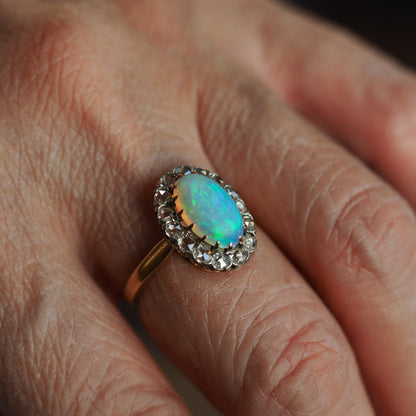Victorian Antique Opal and Diamond Cluster Engagement Ring