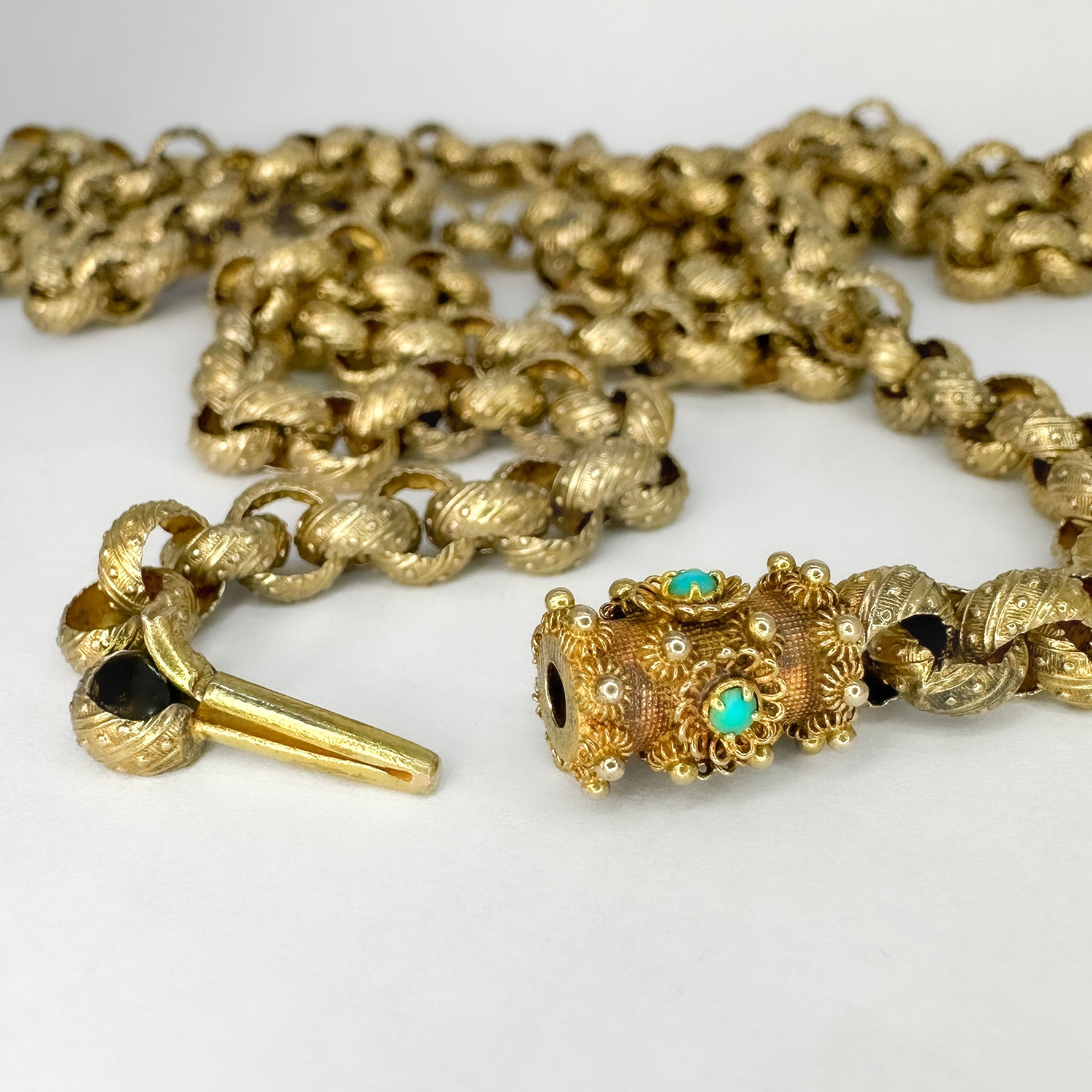 Georgian Antique Fancy Link Guard Chain Necklace with Turquoise Clasp