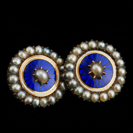 Antique Georgian Gold Earrings with Blue Enamel Guilloche and Seed Pearl Cluster 'Target' Design - c.1800
