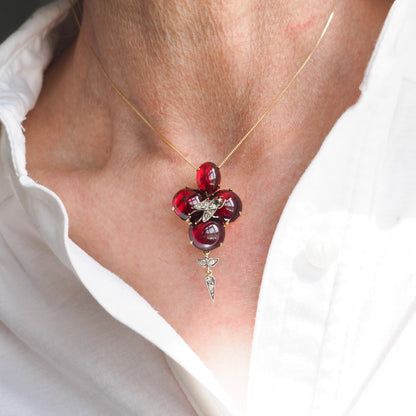 Victorian Antique Cabochon Garnet and Diamond Pendant come Brooch, Circa 1880