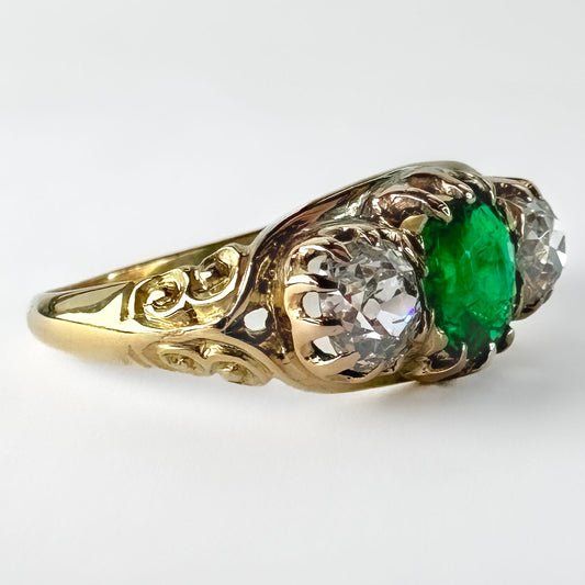 Antique Emerald Diamond 3 Stone Ring