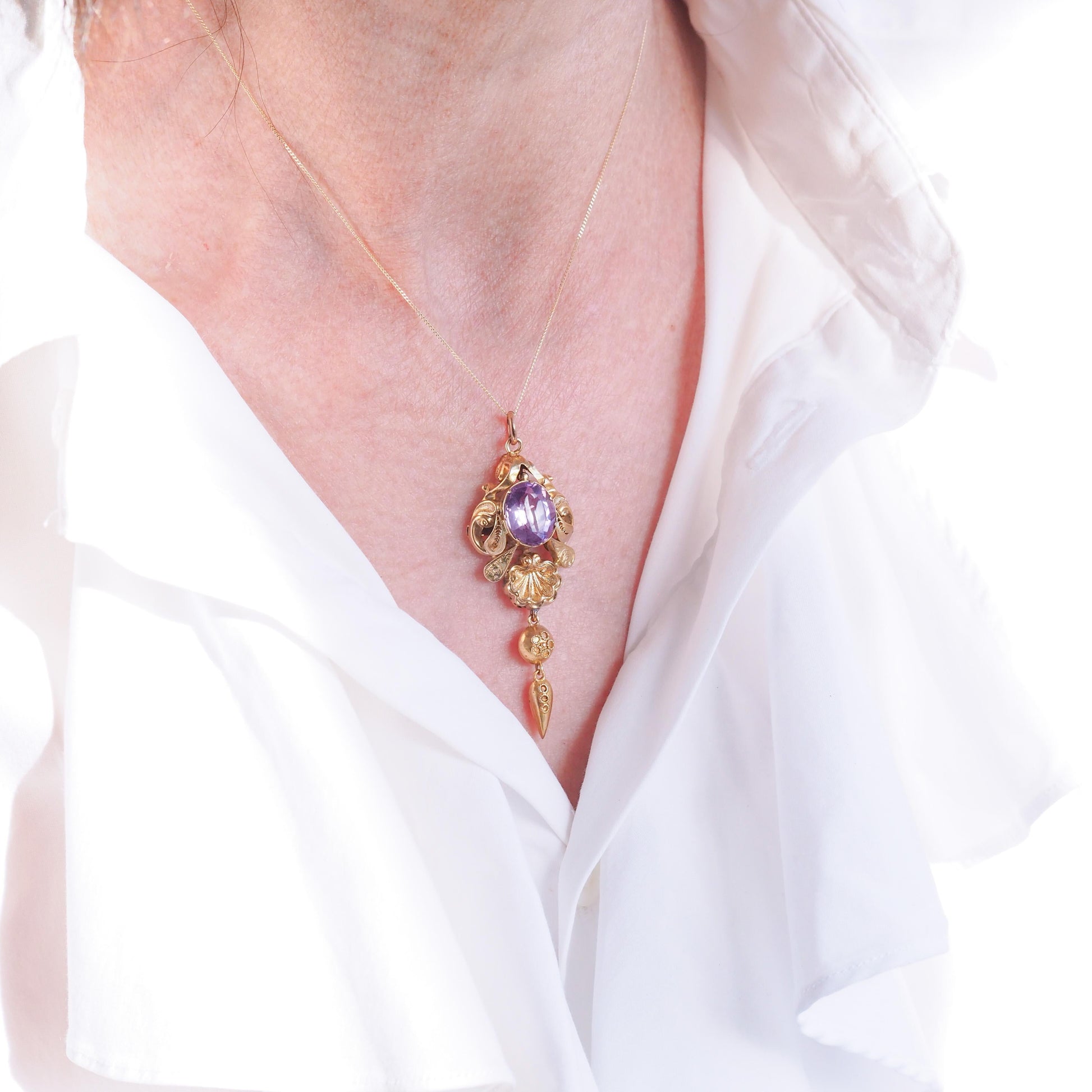 Antique Victorian Amethyst Pendant Necklace 14K Gold - 19th c.