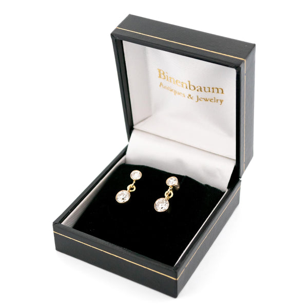 Art Deco 14 Carat Yellow Gold Two Stone Diamond Drop Earrings, 1.40 Carats