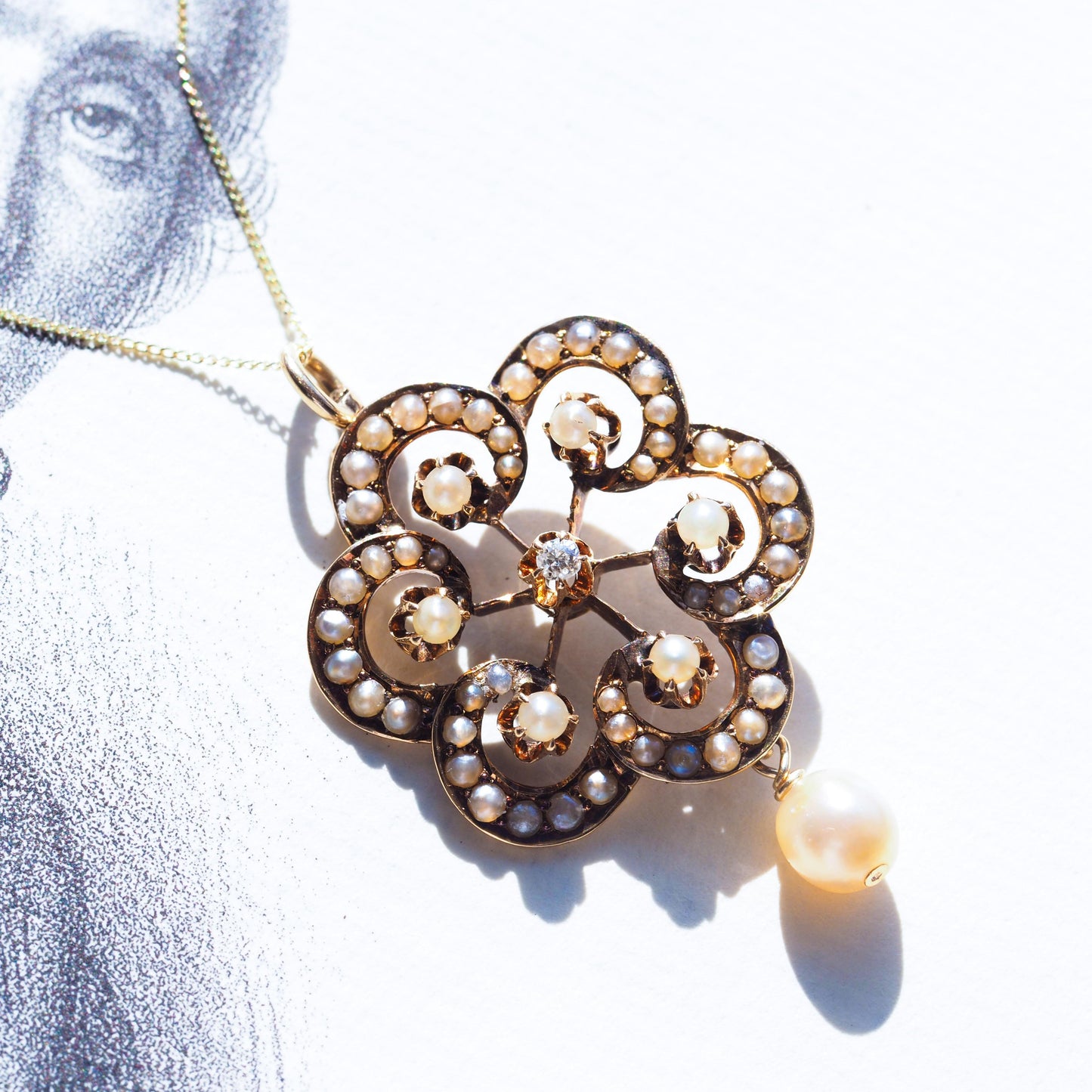 Antique Victorian Diamond & Pearl Pendant Necklace 14K Gold - c.1900