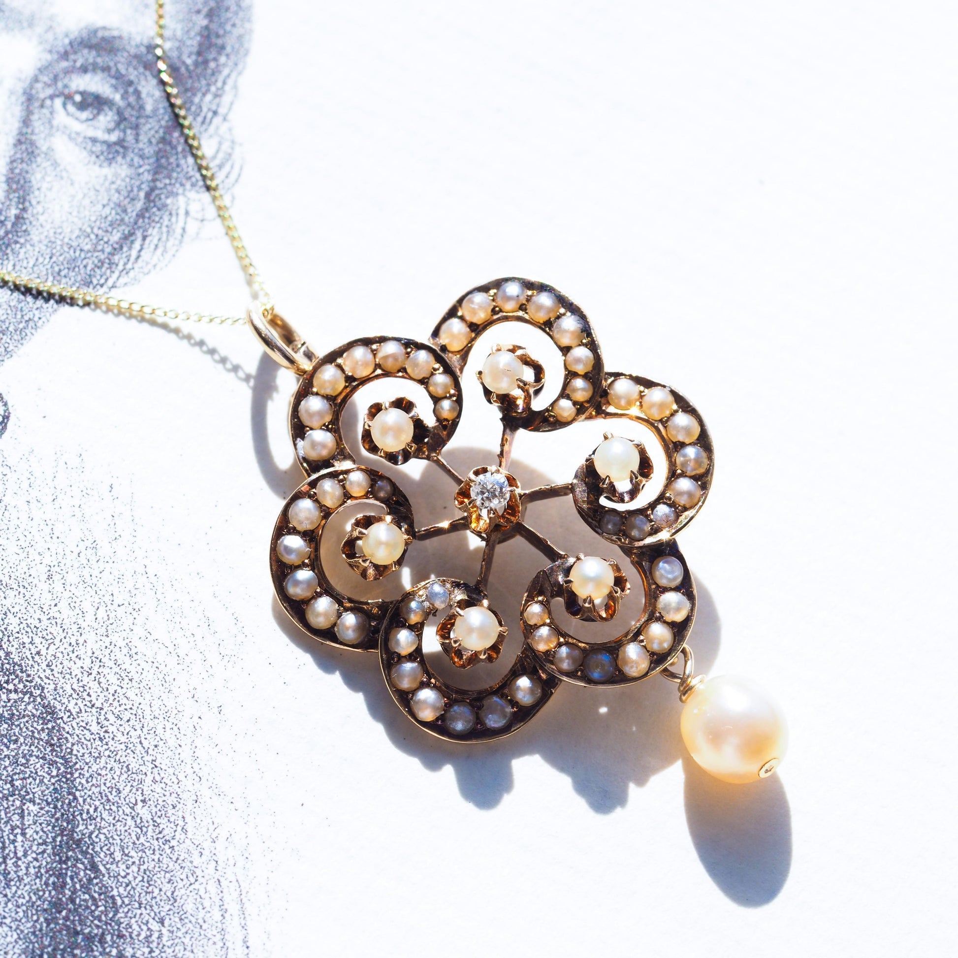 Antique Victorian Diamond & Pearl Pendant Necklace 14K Gold - c.1900