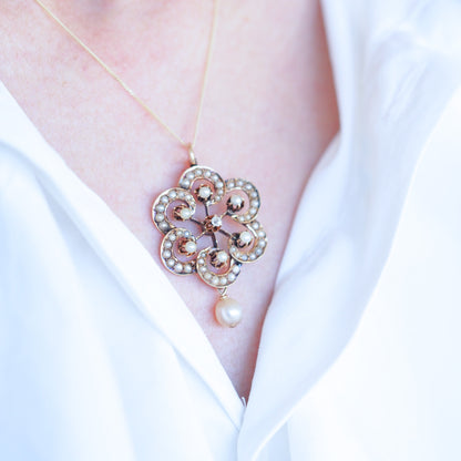 Antique Victorian Diamond & Pearl Pendant Necklace 14K Gold - c.1900