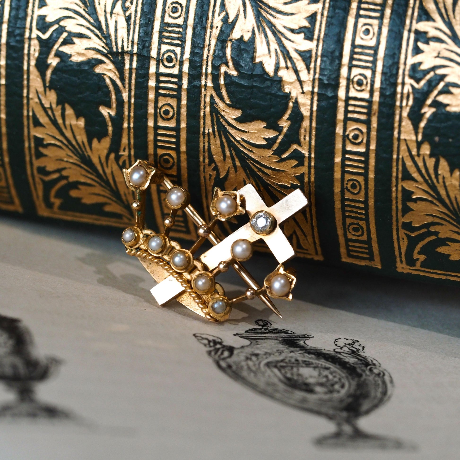 Antique Crown/Coronet Brooch Diamond & Pearls with Cross 15K Gold - c.1890