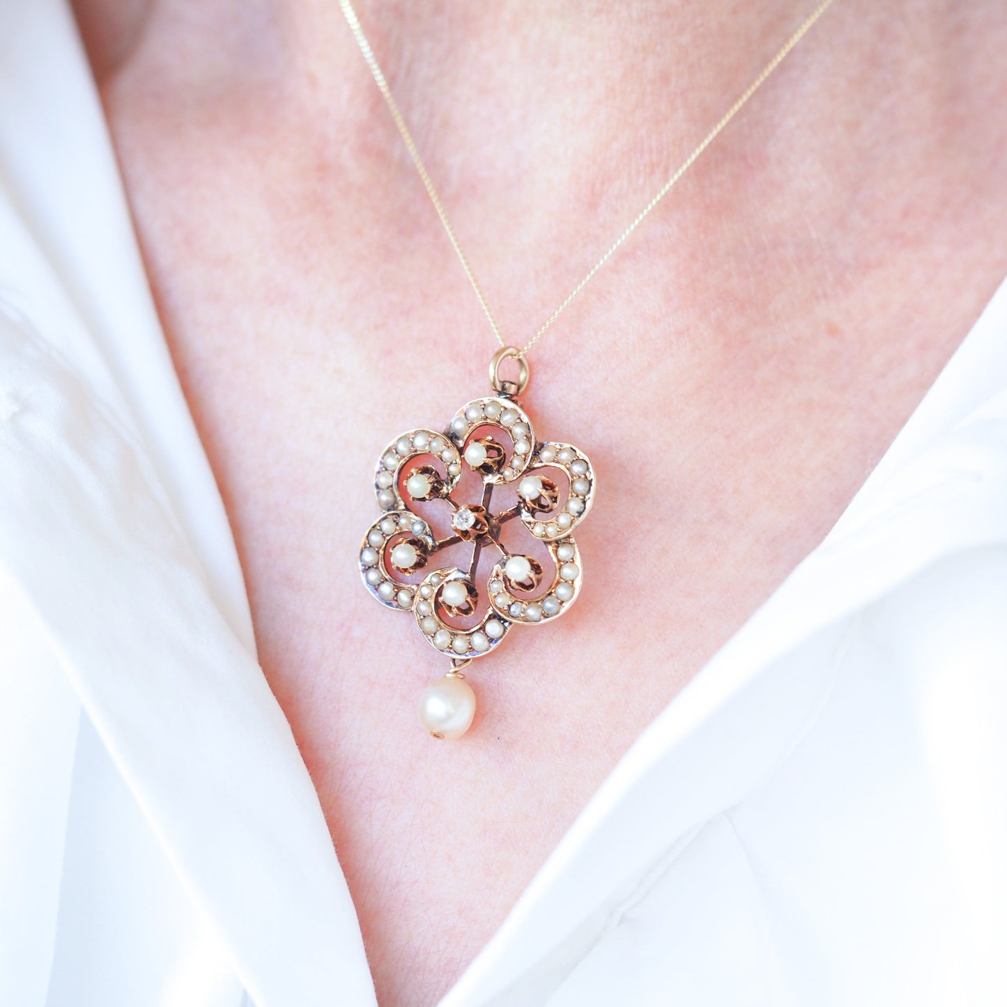 Antique Victorian Diamond & Pearl Pendant Necklace 14K Gold - c.1900