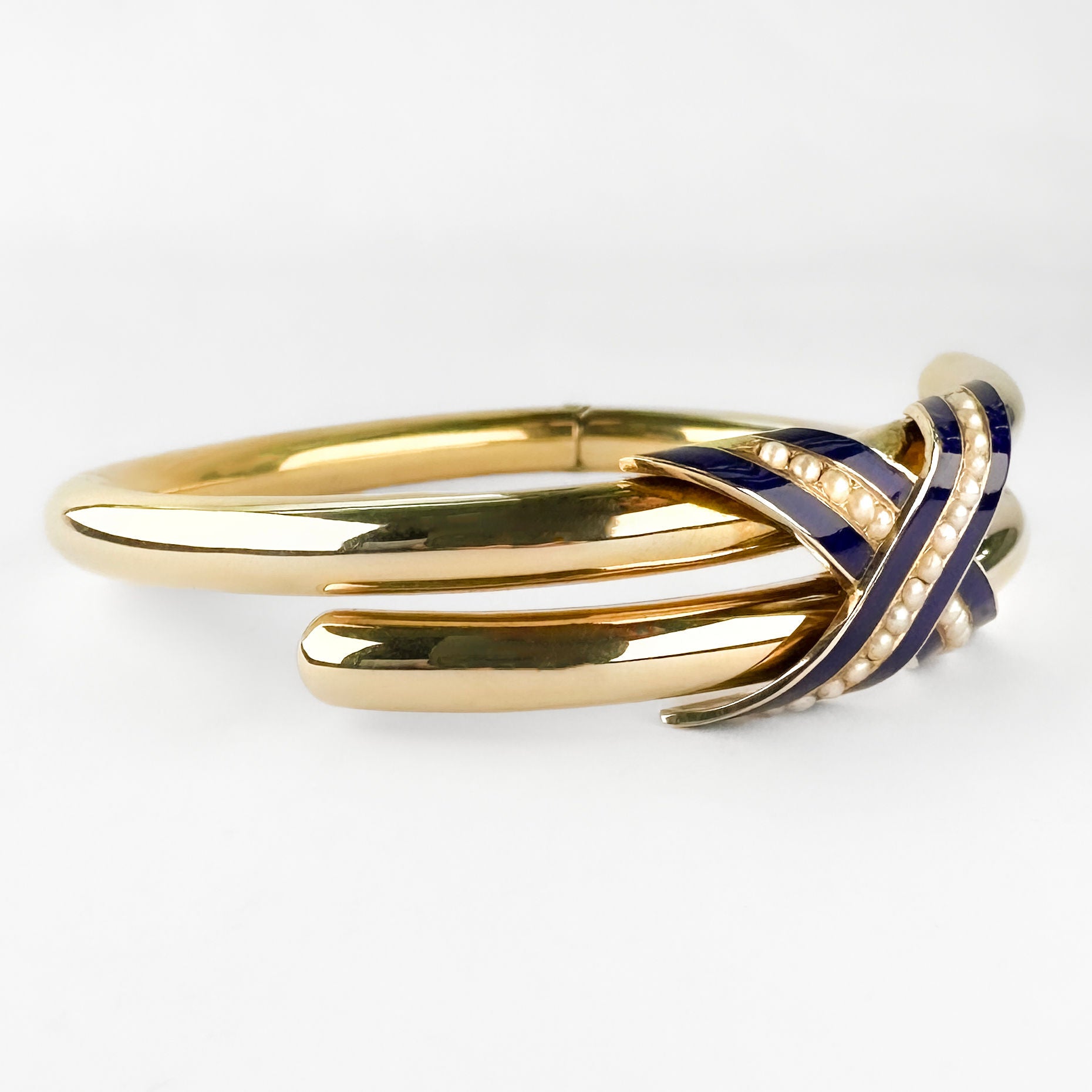 Victorian Antique Blue Enamel Pearl Gold Bangle Bracelet